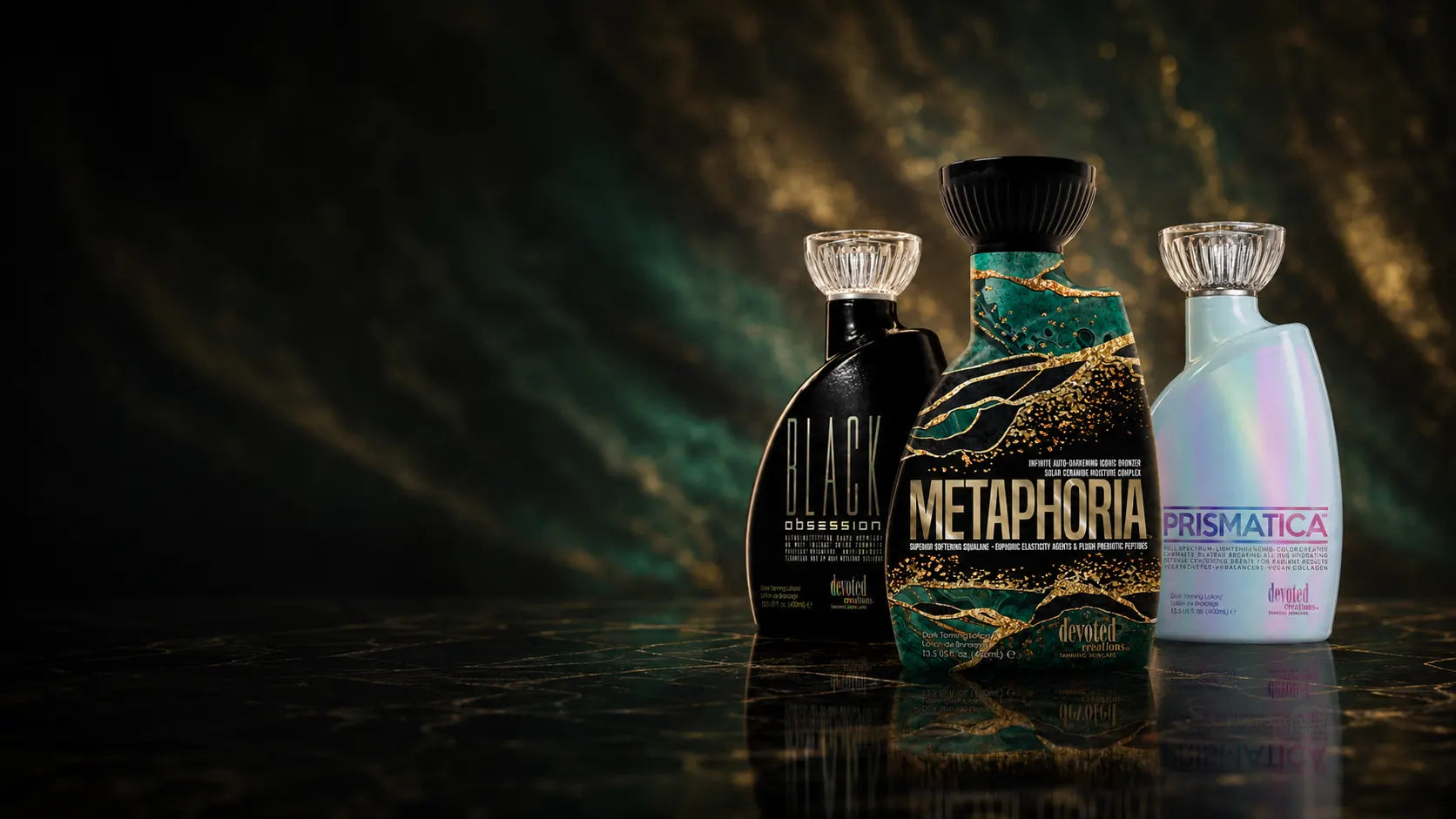 The Color Rush Collection — Black Obsession, Metaphoria, and Prismatica bronzer bottles on a dark emerald-and-gold backdrop.
