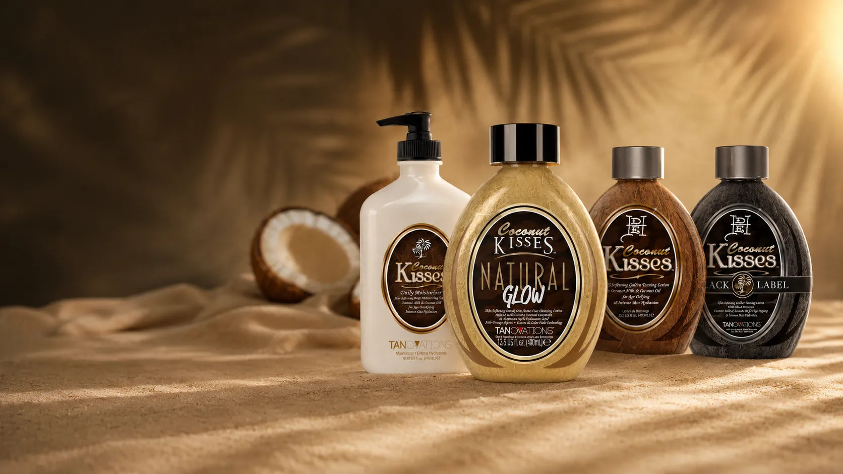 The Ed Hardy Coconut Kisses family — Daily Moisturizer, Natural Glow, Coconut Kisses, and Black Label on warm golden-hour sand.