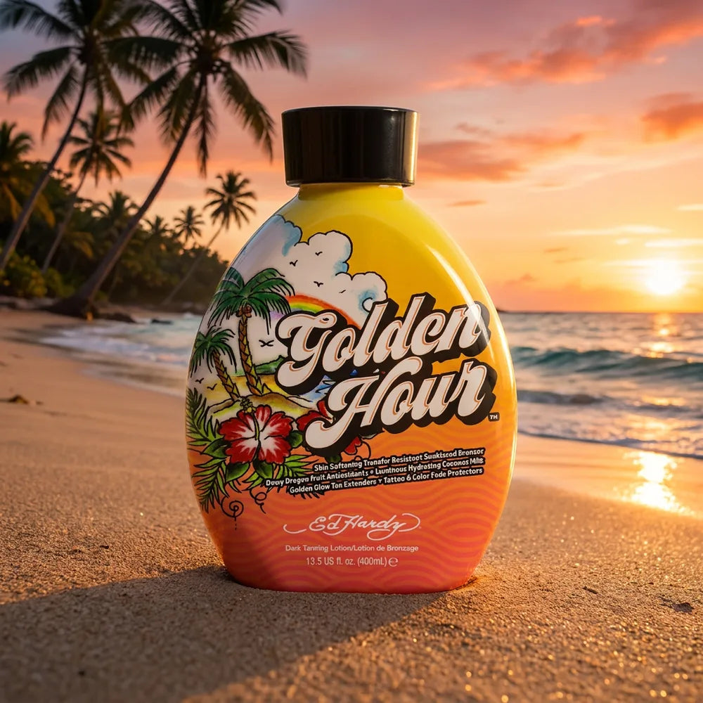 Ed Hardy Golden Hour bronzer — colorful bottle on a bright sunset beach.